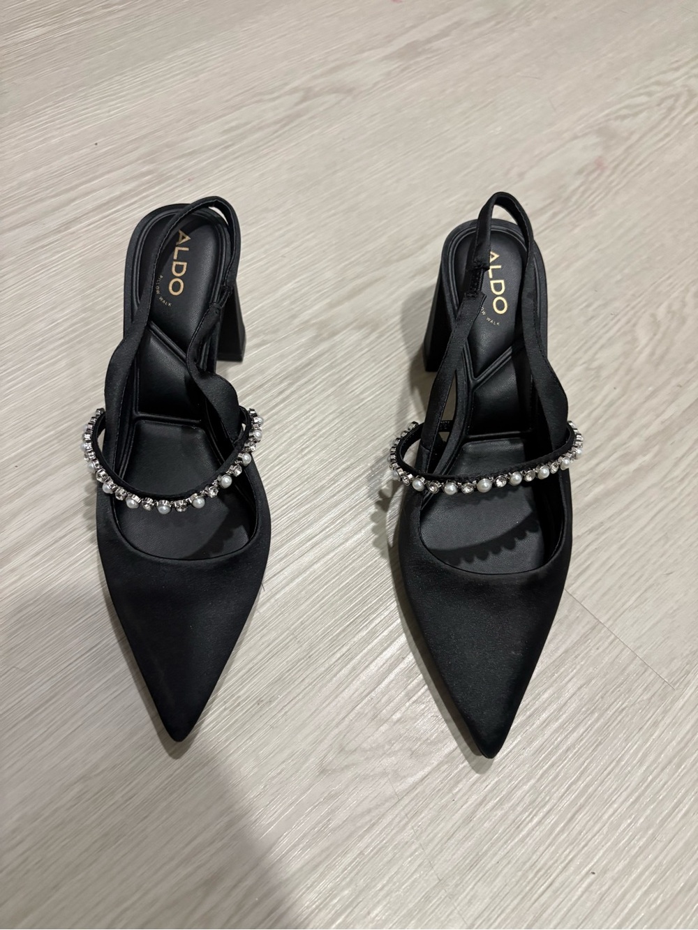 ALDO Black Pointed-Toe Slingback Heels with Rhinestone Strap